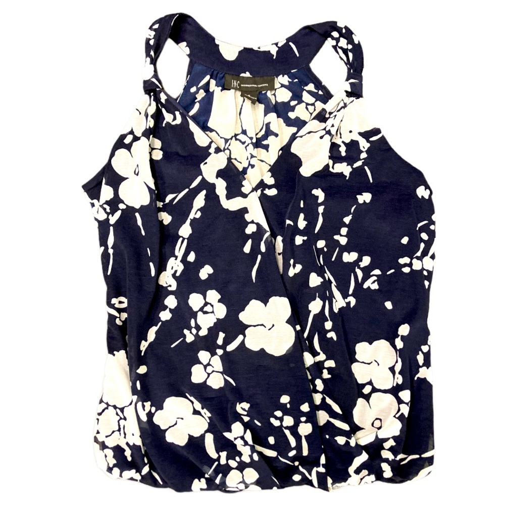 INC sleeveless Top Navy White Floral Blouse size S